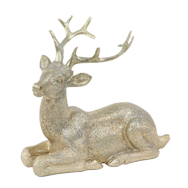 Deko Hirsch, Hirsch liegend, silbergold mit Glimmer, 15x13cm, Polyresin