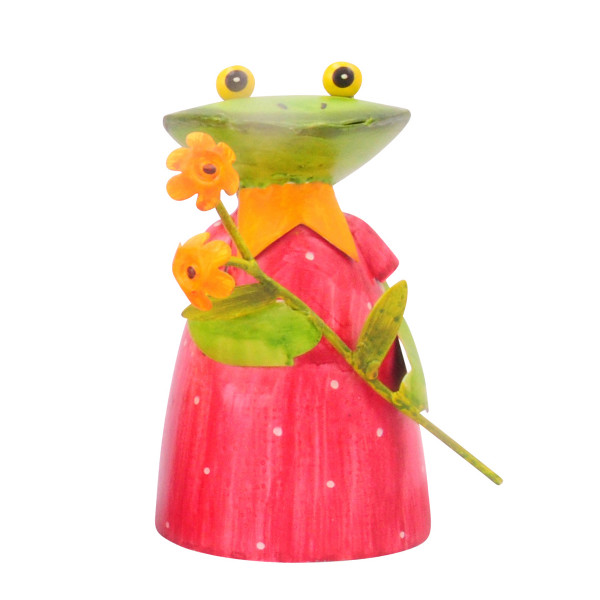 Zaunhocker Frosch mit Blume, Metallfrosch pinkes Kleid und Blume, 18cm