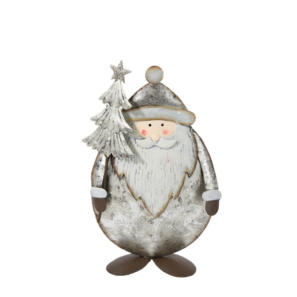 Deko Nikolaus mit Tannenbaum, Weihnachtsmann antik silber - used look, 17cm, Metall