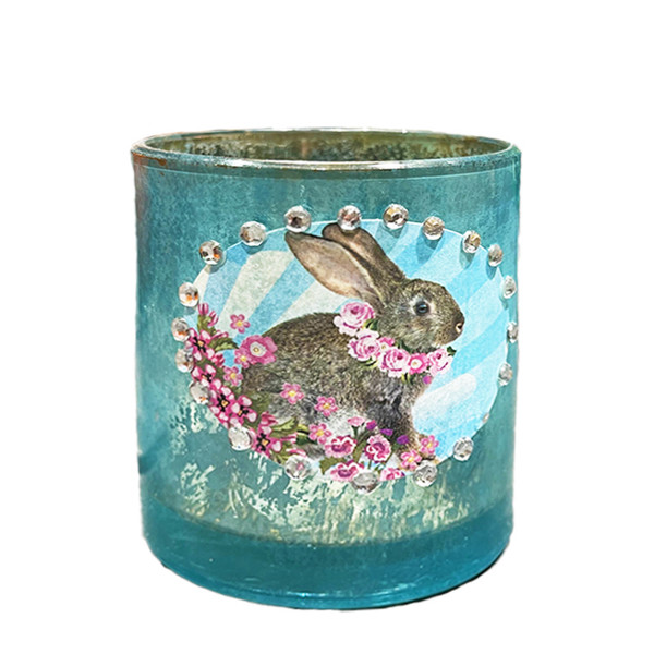 Deko Windlicht Ostern, Hase mit Blumenkranz, blau, 7x8cm, Glas