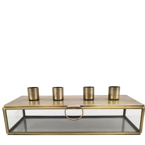 Kerzenhalter, Glaskasten mit Metalldeckel, gold, für Stabkerzen, 26x11cm