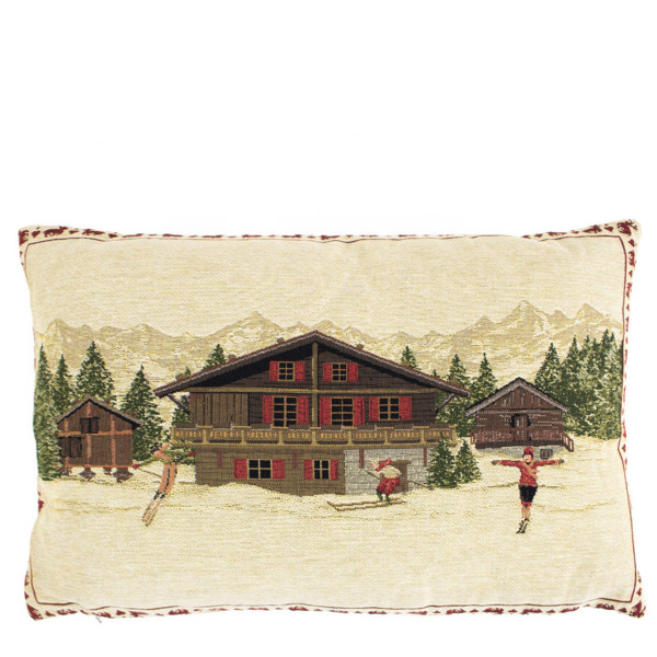 Gobelin Kissen Berghütte, Chalet mit Skifahrer, 30x45cm, Mars &amp; More