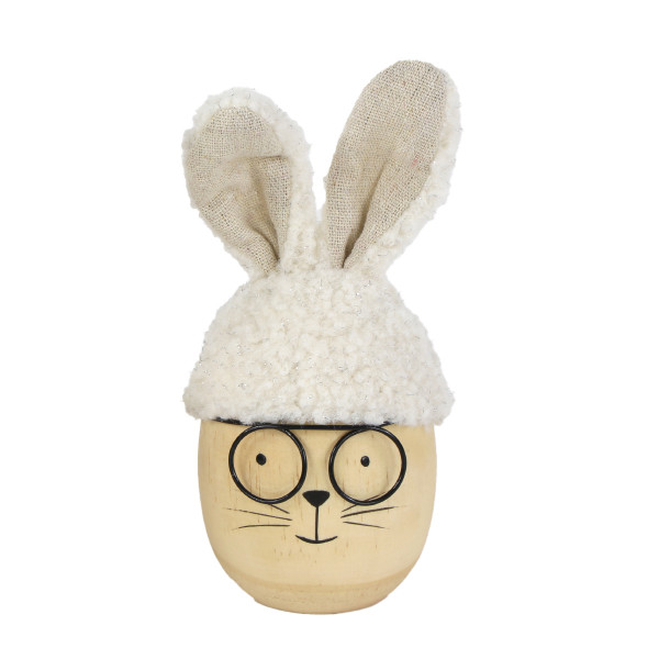 Deko Ei Hase, Holzei Hase mit Brille und Plüschmütze, creme, 17cm