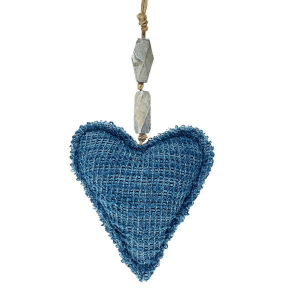 Deko Herz Boucle-Strick, Stoffherz gefüllt, blau mit Holzperlen, 13x15cm, Hänger