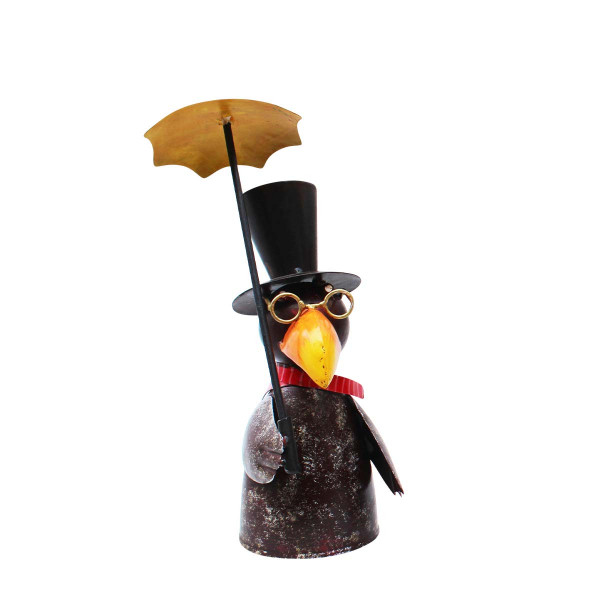 Zaunhocker Vogel, Rabe mit Zylinder und Regenschirm, 14x26cm, Metall