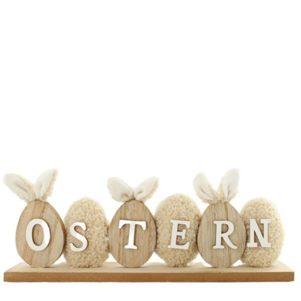 Deko Aufsteller Ostern aus Plüsch und Holz, Ostereier mit Ohren mit Schriftzug Ostern, 28cm, DIJK Na
