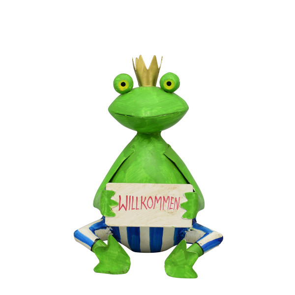 Deko Frosch Schwimmer mit Schild Willkommen, Metallfrosch mit gestreifter Badehose, 22x28cm